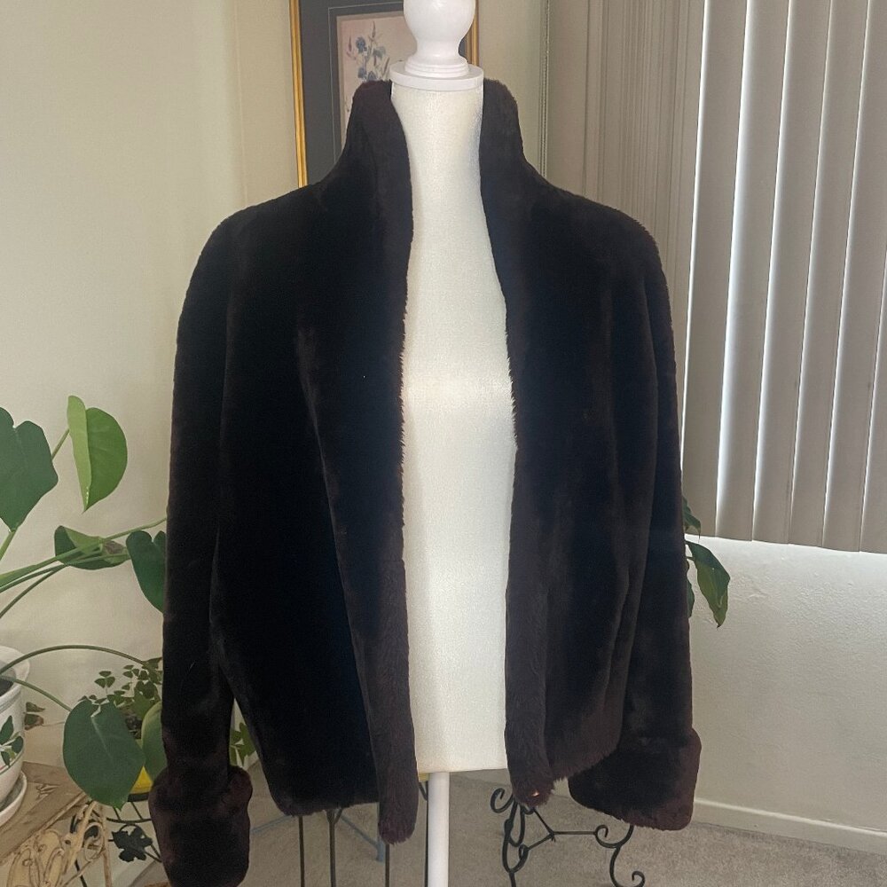 VINTAGE: 1960'S FAUX FUR JACKET. Lush brown w/cuffed sleeve. Lined. Minor repair